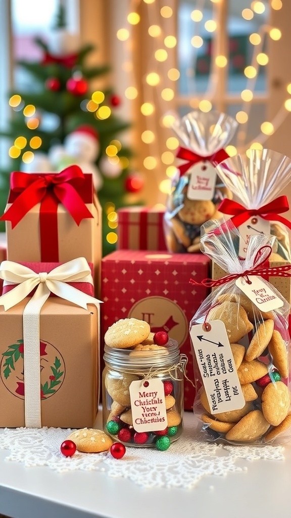 A festive assortment of Christmas cookies in decorative packaging, including boxes, jars, and bags, set in a holiday-themed environment.